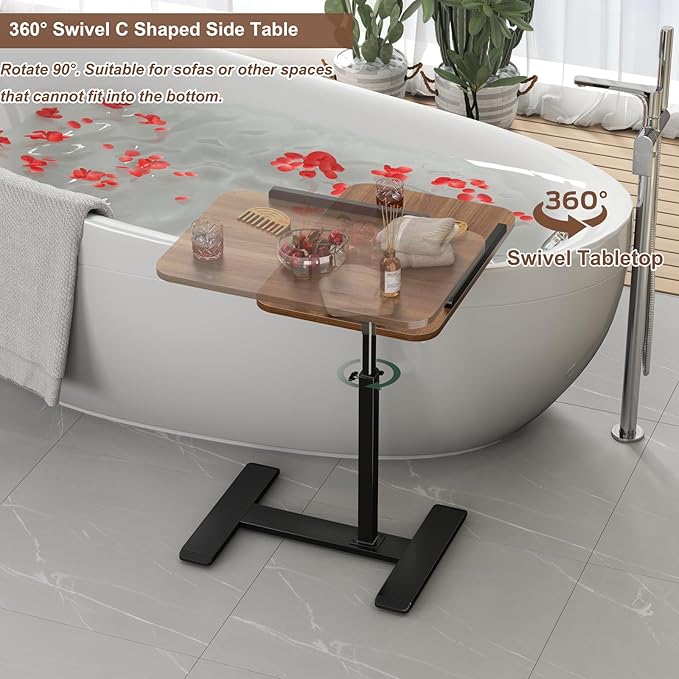 Adjustable Height C Shaped Side Table,360°Swivel Overbed Table,Top Tilting Laptop Stand Table with Hidden Wheels,Mobile Couch End Tables that Slide under,Rolling TV Coffee Table for Sofa/Bed(walnut)