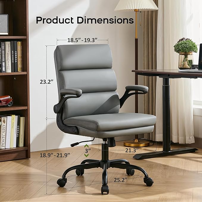 Office Chair Adjustable Desk Chair Mid Back Executive Comfortable Bonded Leather Ergonomic Back Support Home Computer Chair with Padded Flip-up Armrest Swivel Wheels (Gray)