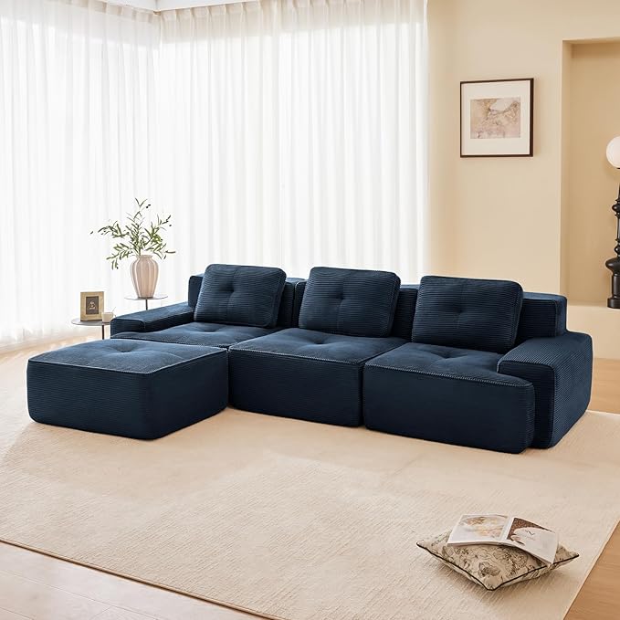 115" Modern Compressed Boneless Couch with Ottoman, 3 Seater Large L Shaped Sectional Couches for Living Room, Blue Corduroy Cloud Modular Sectional Sofa, Memory Foam, Extra Deep, No Assembly