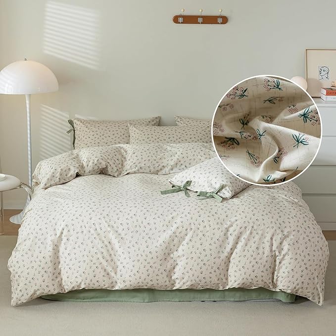 Cotton Duvet Cover King Chic Aesthetic Green Floral Comforter Cover Vintage Cottagecore Style Duvet Cover with 2 Bowknot Pillowcases Garden Flower Botanical Bedding Duvet Cover with Zipper Closure