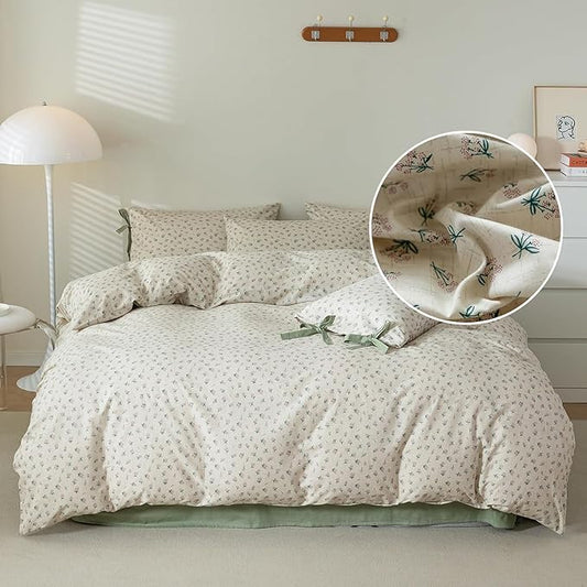 Cotton Duvet Cover King Chic Aesthetic Green Floral Comforter Cover Vintage Cottagecore Style Duvet Cover with 2 Bowknot Pillowcases Garden Flower Botanical Bedding Duvet Cover with Zipper Closure