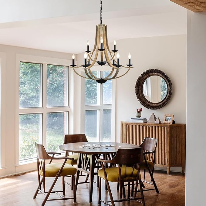 Farmhouse Chandeliers for Dining Room Light Fixture, 9-Light 31" Adjustable Height Retro Faux Wood Texture Rustic Light Fixtures for Living Room Bedroom Kitchen Island Foyer Entryway