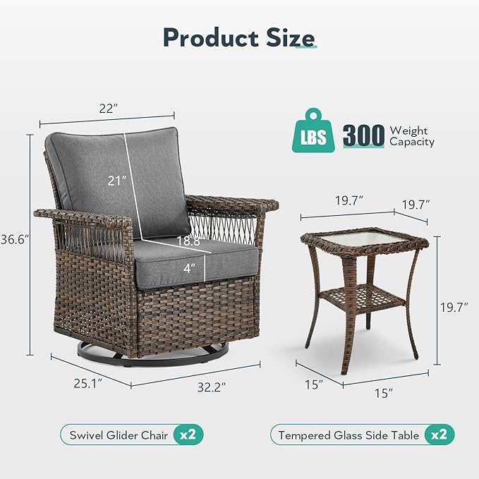 Outdoor Swivel Glider Chairs - 3 Pieces Hollow Widen Armrests Wicker Patio Furniture Set with Side Table, High Back Outside Swivel Rocker for Balcony Porch Deck and Yard - Brown/Gray
