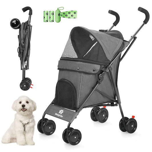 Wedyvko Umbrella Dog Stroller, Foldable Pet Stroller for Small Dogs Cats, with Carrying Strap and Cup Holder, Dog Poop Bags & Dispenser, Multicolor (Dark Grey)