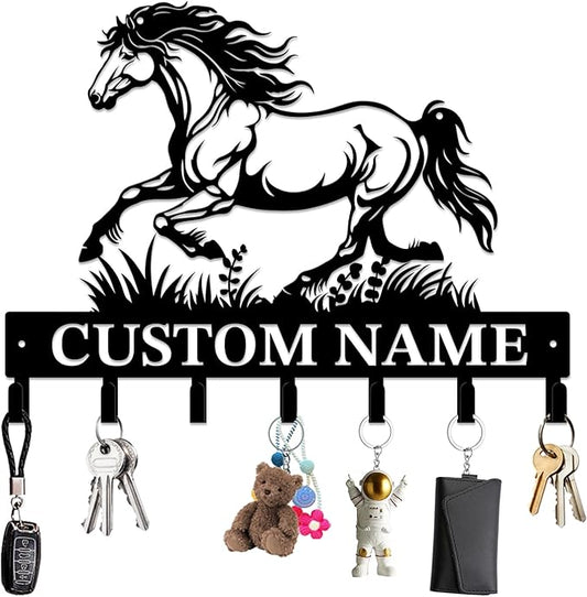 Personalized Custom Name Farm Horse Wall Key Hooks,Metal Horse Art Clothes Hooks,Metal Horse Wall Home Storage Decorative,For Front Door, Hallway, Kitchen, Bedroom,Keys,Hats (Style E)