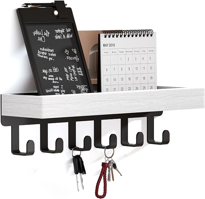 SWTYMIKI Key Holder Wall Mount - Wooden Key Hooks for Wall with Mail Organizer & 6 Hooks, 2 Installation Ways Key Hanger, Key Rack with Shelf for Entryway Living Room Bedroom Office Home Decor White