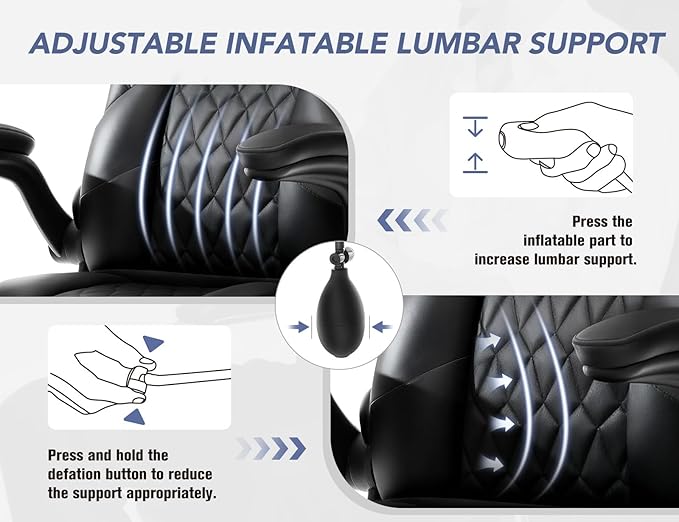 Office Chair with Adjustable Lumbar Support,Leather Ergonomic Computer Desk Chair with Flip-up Arms,Adjustable Tilt Lock,Swivel Rolling Executive PC Chair for Work, Study,Meeting,Small Space.Black