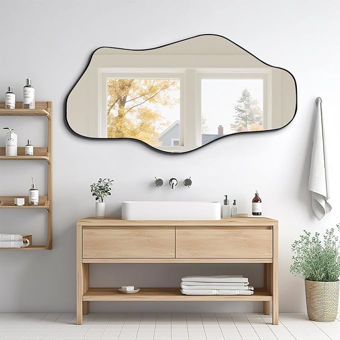 Large Irregular Mirror, 55"x25.6" Asymmetrical Wall Mirror with Metal Frame, Modern Abstract Mirrors for Living Room Bathroom Bedroom Hallway Entryway Fireplace, Cloud Shaped