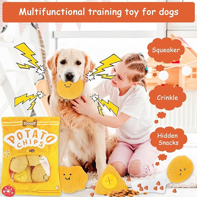 Dog Puzzle Toy, Crinkle Squeaky Interactive Dog Toys, Enrichment Treat Puzzle Dog Toy for Medium, and Large Dogs (Potato Chips)