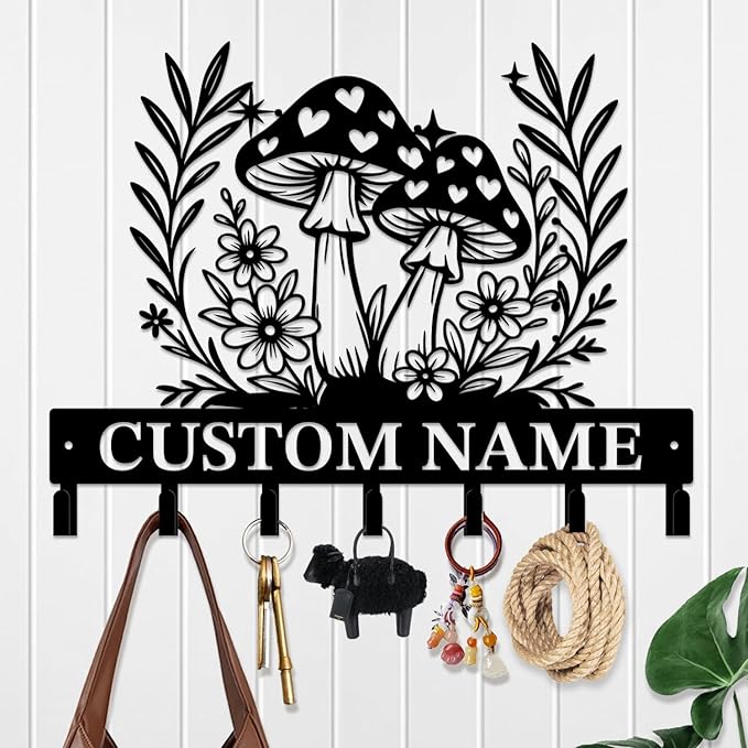 Customized Keys Holder - Personalized Mushroom Wonderland Key Hooks Wall Metal Sign Decor,Wall Holder,Door Hook (Style D)