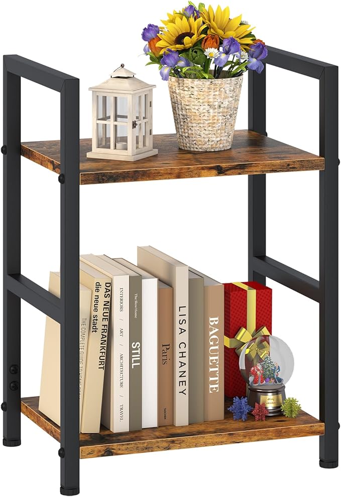 Small Bookshelf for Small Space, 2 Tier Industrial Bookcase,Narrow Book Case Storage Organizer Book Shelf for Living Room, Bedroom and Office, Easy Assembly(2 Tier,Rustic Brown)