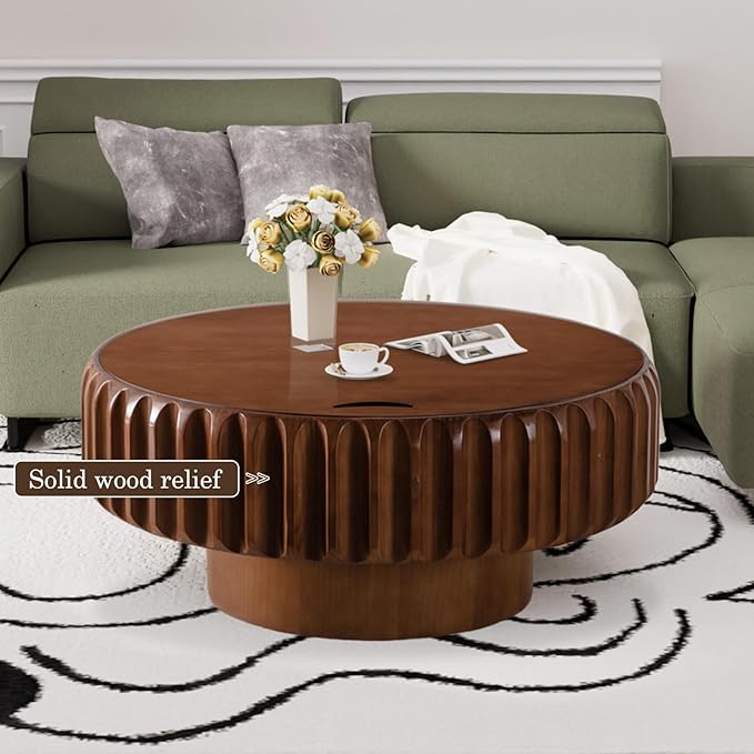 Round Coffee Table with Storage for Living Room, Wood Circle Drum Coffee Table Modern Fluted Center Table Accent Table for Home Office Apartment (Walnut 31.5'')