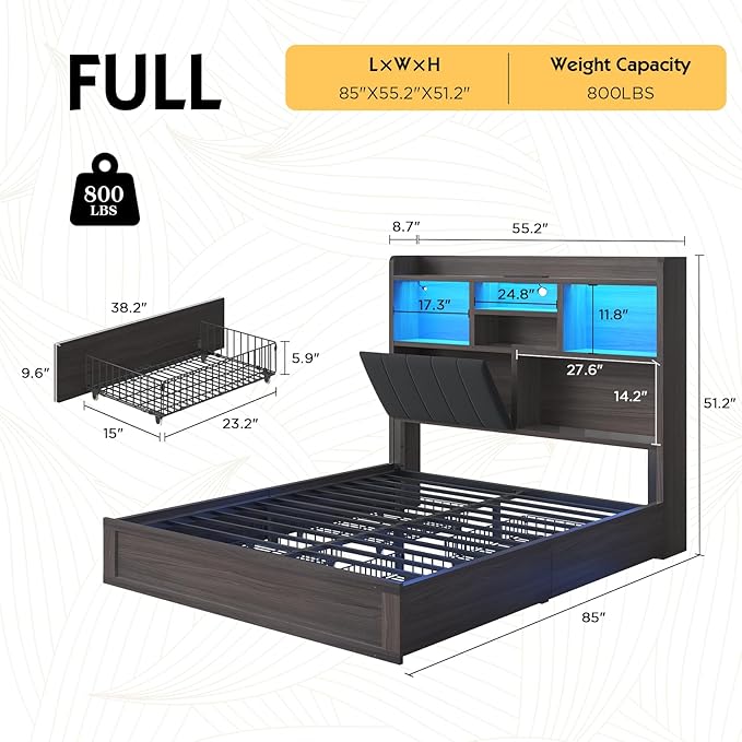 Full Farmhouse Bed Frame with Bookcase Headboard and 4 Drawers, LED Storage Bed with Charging Station & Linen Upholstered, No Box Spring Needed, Black