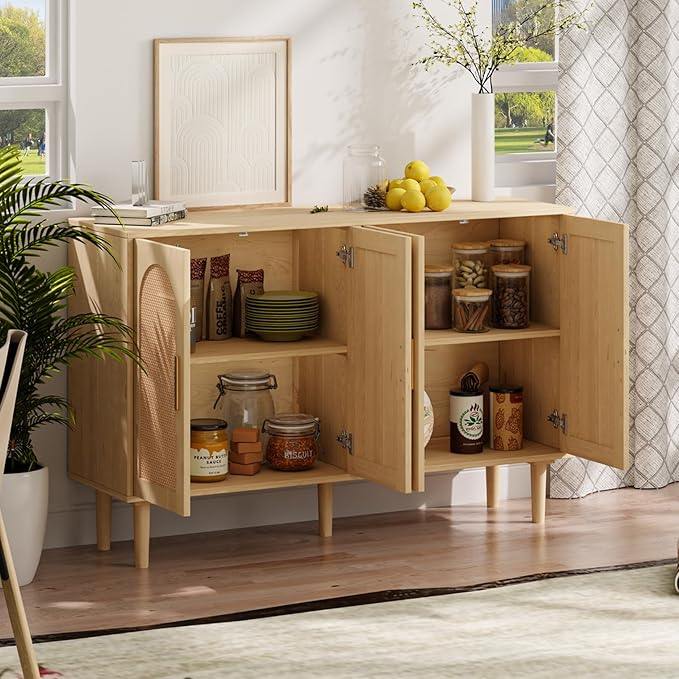 4-Door Rattan Sideboard Buffet Cabinet, 47" Large Storage Cabinet with Shleves, Wood Modern Accent Credenza Kitchen Table for Dining Room, Living Room & Entryway, Natural