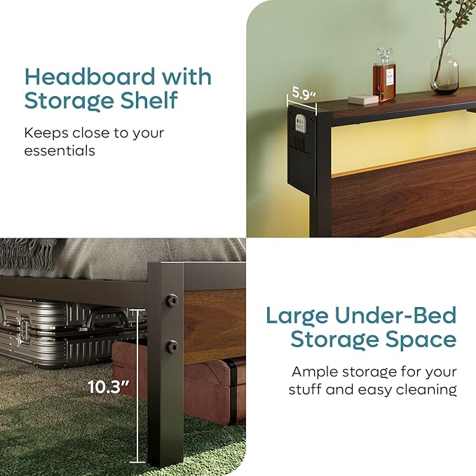 Bestier King Bed Frame with Storage Headboard and Charging Station, Walnut Platform Bed Frame with LED Light, Non-Slip Metal Bed Frame, Noise-Free, Easy Assembly,Brown