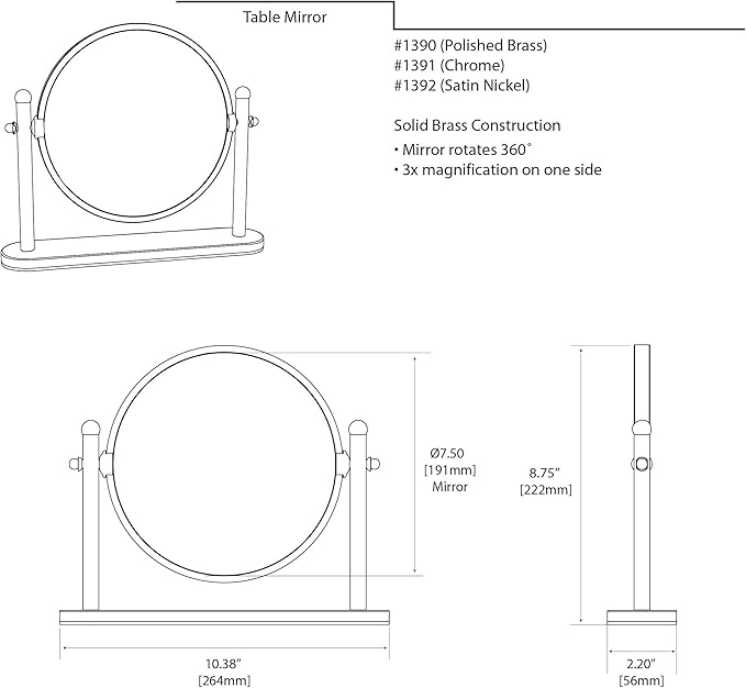 Gatco 1391MX Table Mirror, Matte Black/ 7.50"