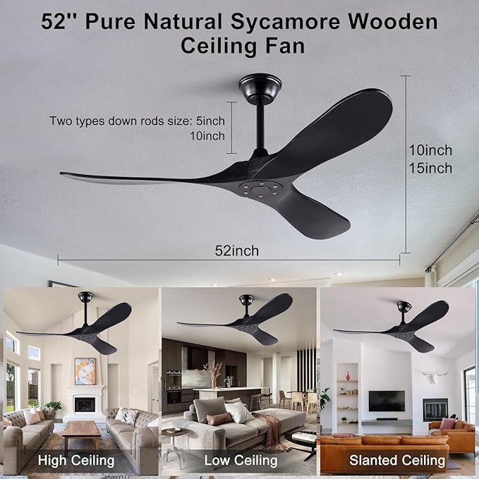 52 inch Ceiling Fan without Light, Quiet Reversible DC Motor Wood Ceiling Fan no Light, 3 Blades Modern Ceiling Fan with Remote Control for Outdoor Indoor Farmhouse Patios