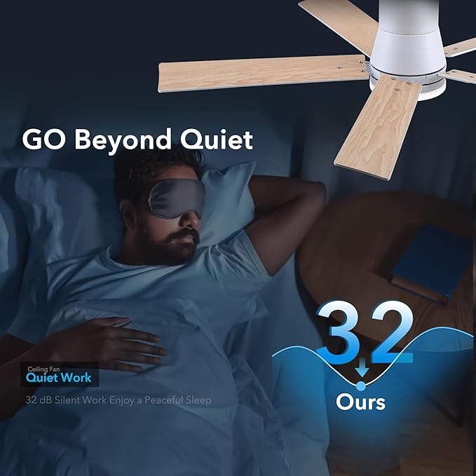 Rayqueen 52 Inch Ceiling Fans with Lights and Remote, Flush Mount White Ceiling Fan, 6 Speed Reversible DC Motor, 3CCT Dimmable LED-Low Profile Design for Bedroom, Living room & Covered Outdoor