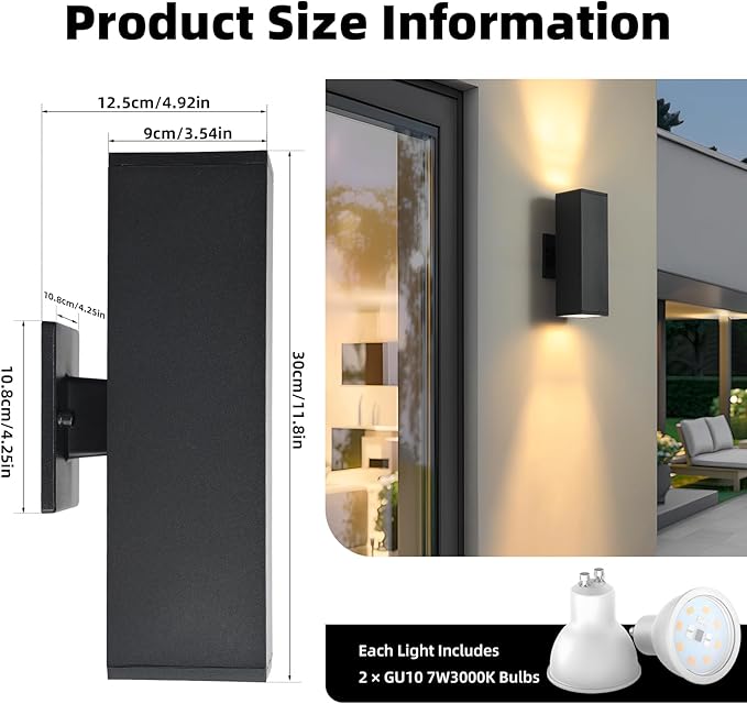 tewei LED Outdoor Wall Sconce Lights Modern Exterior Lighting Fixtures with 7W LED Bulbs, Matte Black Square Up and Down Outdoor Lights for House Front Porch Garage, Warm White 3000K, 6 Pack