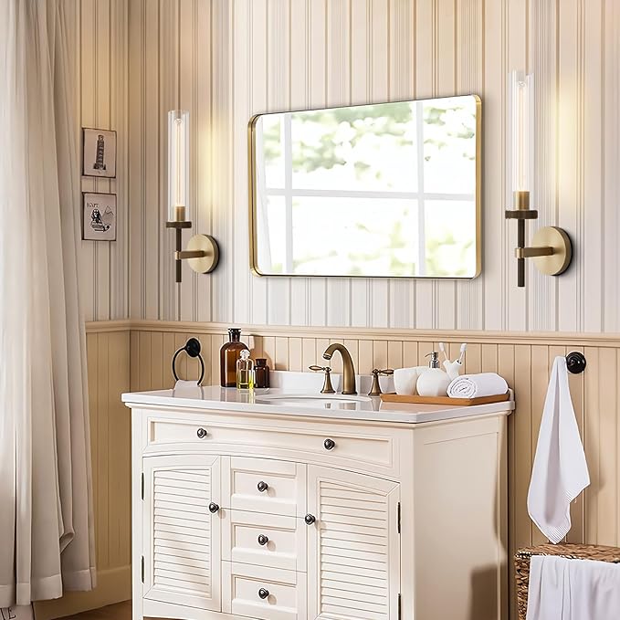 Brass Wall Sconces Set of Two, 19" Knurling Gold sconces Wall Lighting, Bathroom Vanity Light Fixtures, Modern Wall Lights for Bathroom, Mirror, Living Room, Hallway,Staircase