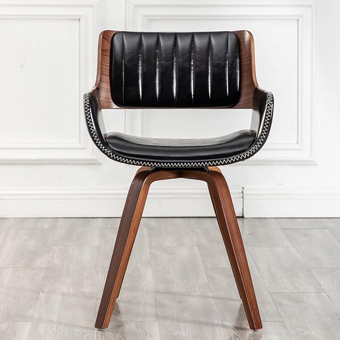 LUNLING Swivel Accent Faux Leather Dining Chairs Set of 2, Mid Century Modern Chairs with Wooden Legs/Armrest/Upholstered Seat/Adjustable Foots for Kitchen Dining Room Desk Chairs,Black…