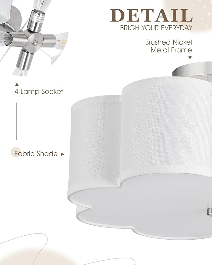 Semi Flush Mount Ceiling Lights, 4-Light 18" Ceiling Light Fixtures with Fabric Shade in Flower Shape, Brushed Nickel Farmhouse Drum Lighting for Nursery Bedroom Kitchen, AD-22009-4SF-SN