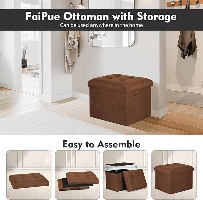 Storage Ottoman Cube, Folding Foot Rest with Thicker Foam Padded Seat. 350 lbs Small Linen Ottoman with Storage Bench Footstool for Living Room, Bedroom, Coffee Table. 17x13x13in, Brown