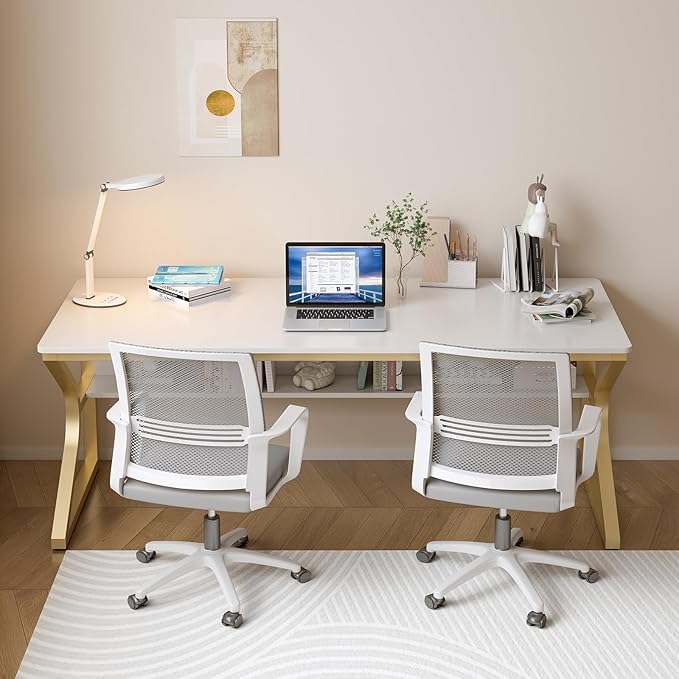 Extra Long Desk with Bookshelf - 63" Double Long Writing Table for 2-Person Workstation, Modern Study Work Computer Desk for Home and Office, Gold