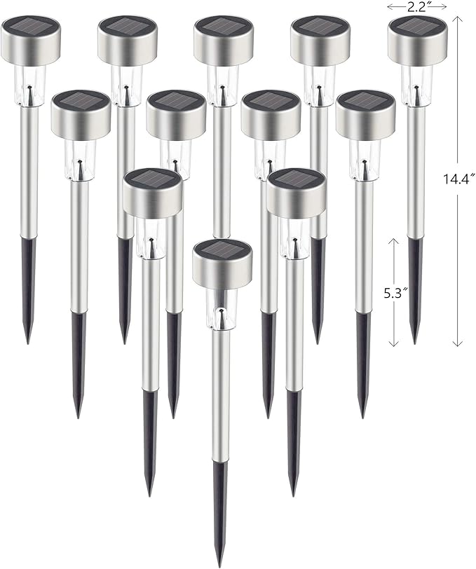 GIGALUMI Solar Pathway Lights, Stainless Steel IP44 Waterproof Auto On/Off Outdoor LED Solar Landscape Lights for Garden, Yard, Patio, Path and Walkway(12 Pack, Warm White)