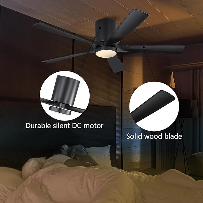 ELEHINSER 52 inch Low Profile Ceiling Fan with Light, 5 Solid Wood Blades, 6-Speeds, Quiet DC Motor, Timer, Flush Mount Modern Ceiling Fan with Remote for Living Room Bedroom, Black