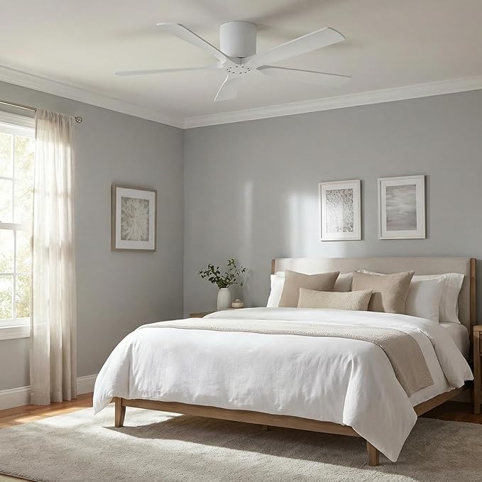 ELEHINSER 52 inch Low Profile Ceiling Fan without Light, 5 Solid Wood Blades,6-Speed,Quiet DC Motor, Timer,Flush Mount Modern Ceiling Fan No Light with Remote for Living Room Bedroom,White