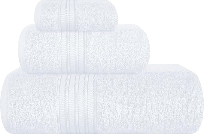 BOUTIQUO Ultra Soft 3 Pack Cotton Towel Set, Contains a Bath Towels 28x55 inch, a Hand Towels 16x24 inch & a Wash Coths 12x12 inch, Ideal Everyday use, Compact & Lightweight - White