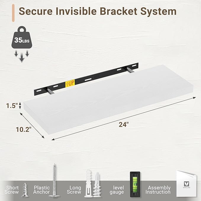 Vivelove 10 in Deep Floating Shelves for Wall, 24" x 10.2" x 1.5" Shelves for Room Wall Mounted, 1.5 Inch Thick Shelf for Bathroom Bedroom Kitchen Book Room, Modern Farmhouse Decor, Set of 2, White