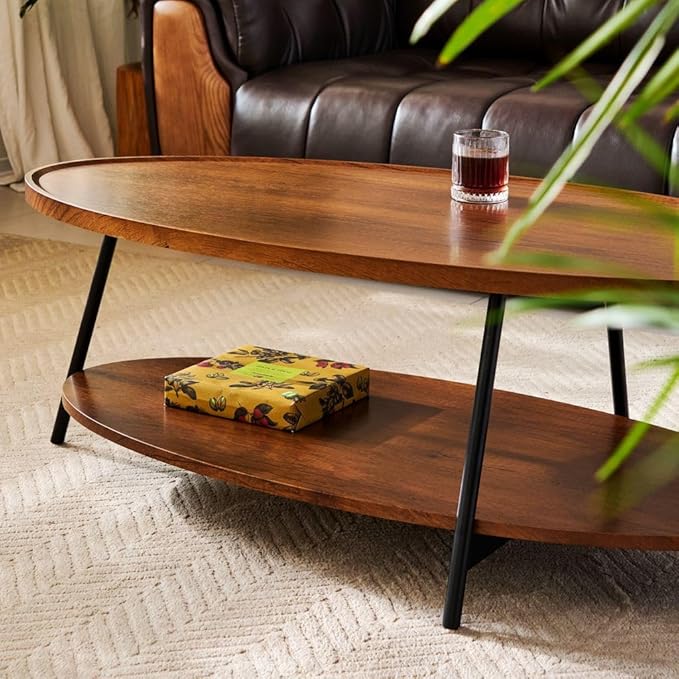 AGV Oval Coffee Table with Shelf Storage, 2-Tier Walnut Wood Finish Center Table for Living Room, Modern Asymmetrical Metal Legs, Raised Edge Sofa Table