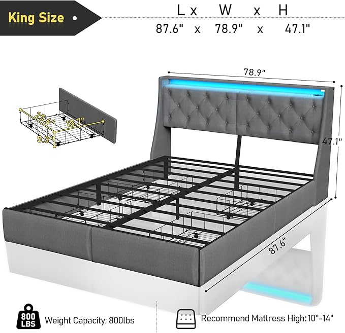SADENICEL King Size Bed Frame with Storage Headboard, Metal Platform Bed Frame King with 4 Drawer, LED Light, Charging Station, No Box Spring Needed, Noise Free, Easy Assembly, Grey