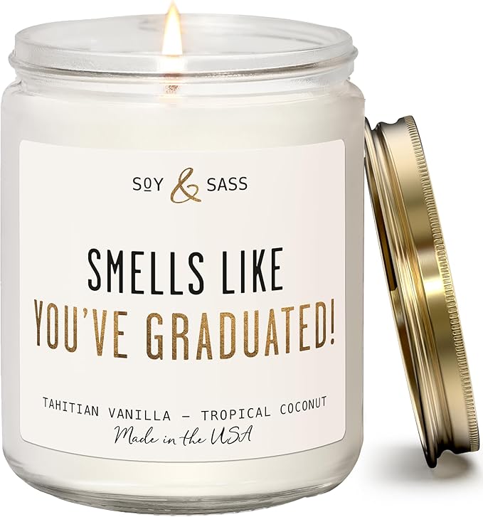Graduation Gifts for Her "Smells like Graduation" Soy Candle, w/Vanilla & Coconut I College Graduation Gifts for Her I 2025 Graduation Gifts I 9oz Reusable Jar, 50Hr Burn, Made in USA