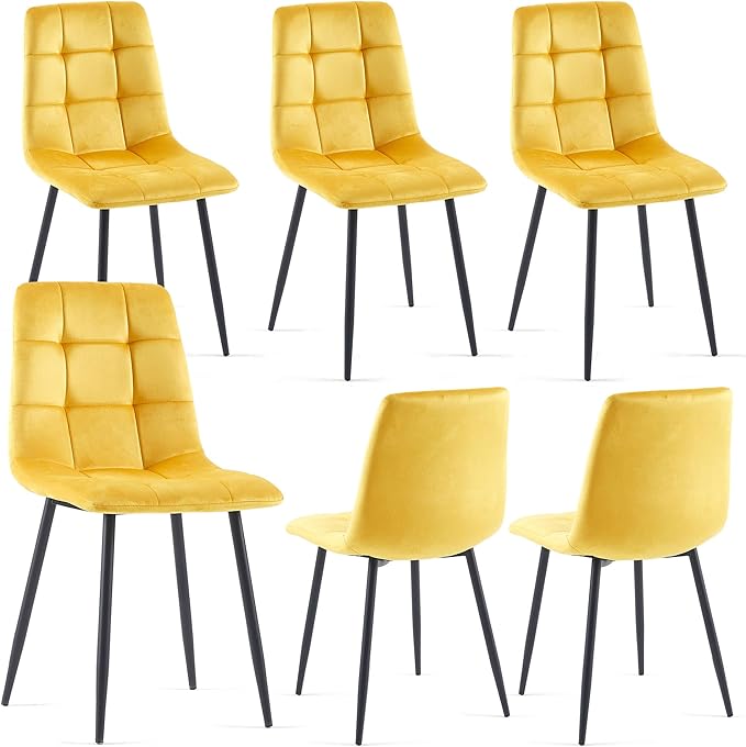 NORDICANA Yellow Velvet Dinner Chairs Set of 6, Modern Armless Biscuit Tufted Dining Side Chairs with Metal Legs for Kitchen Living Room Vanity