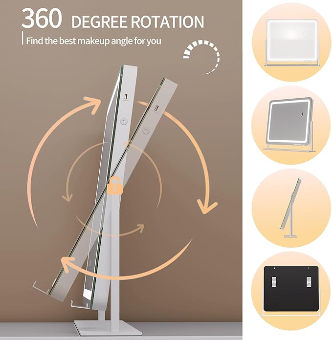 Hasipu Vanity Mirror with Lights, 25" x 21" LED Makeup Mirror, Light up Mirror with 10X Magnification and Phone Holder, USB Charging Port, Smart Touch 3 Colors Dimmable, 360° Rotation (White)