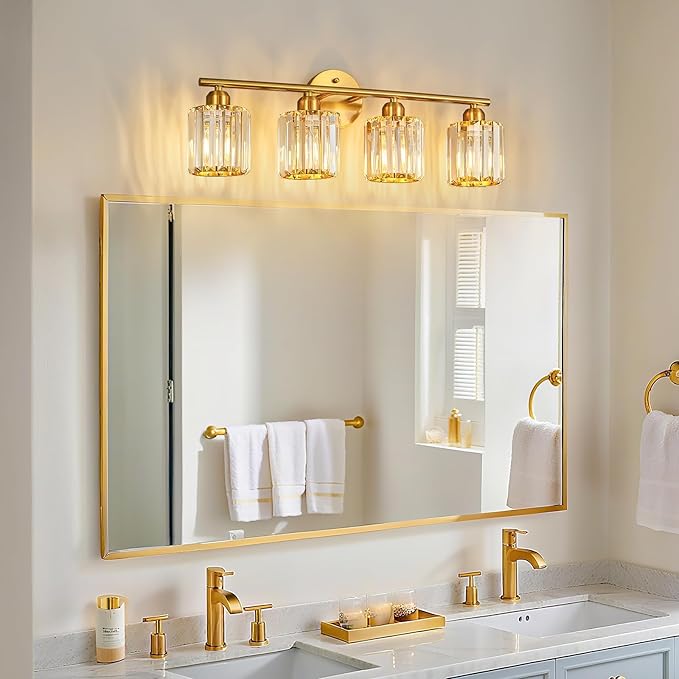 Modern 4 Light Crystal Vanity Light, Brushed Gold Vertical Bathroom Light Fixture Over Mirror for Dressing Table Sink, Compatible with Dimmable Bulbs (Bulbs Not Included)