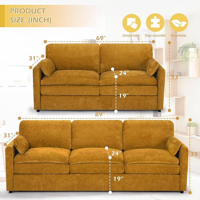 2 Pieces Chenille Sofa Set w/Throw Pillows, Upholstered Loveseat & 3 Seater Sofa w/Comfortable Back Cushions, Modern 2-Seat & 3-Seat w/High-Density Foam for Living Room, Apartment, Yellow