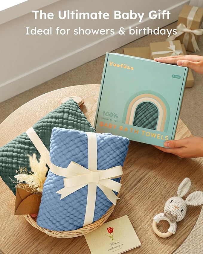 Yoofoss Hooded Baby Towels for Newborn 2 Pack 100% Muslin Organic Cotton Baby Bath Towel with Hood for Babies, Infant, Toddler and Kids, Large 32x32Inch, Soft and Absorbent Newborn Essential