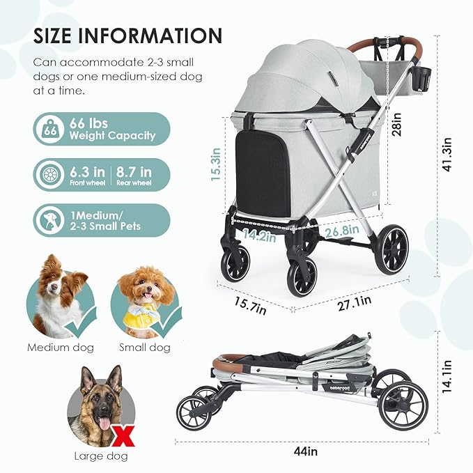 X6 Luxury Pet Stroller for Medium Dogs up to 66 lbs, One-Second Fold Design, 180° Canopy, 4-Wheel Shock Absorption (Green)