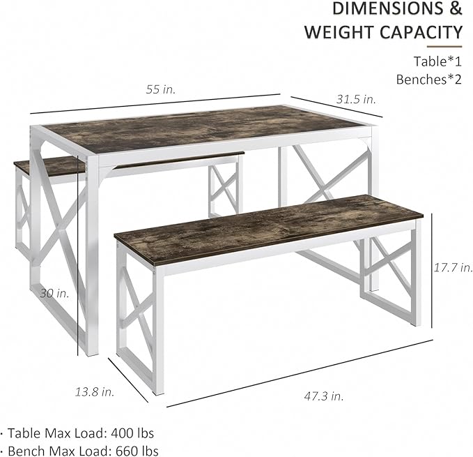 VECELO Kitchen Dining Table Benches Set for 4, 55" Wooden Dinette with 2 Benches, Heavy-Duty Dining Room Table for Small Space, Breakfast Nook, Dark Brown