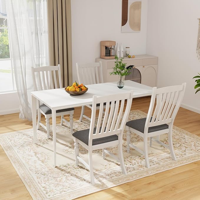 Giantex Wood Dining Chairs Set of 4, Farmhouse Kitchen Chairs with Solid Wood Frame, Max Load 355 Lbs, Armless Upholstered Dining Side Chairs with Cushion Seat, Slat Back Dining Room Chair, White