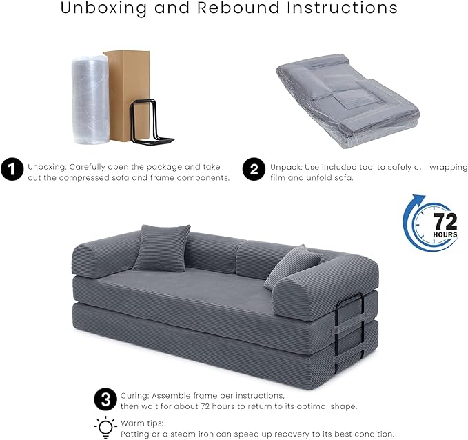 Compression Sofa - 79'' Convertible Sofa Bed, Boneless Couch in a Box, Modular Corduroy Foldable Sleeper Sofa with 2 Pillows, Loveseat Couches for Living Room (Corduroy Fabric, Dark Grey)