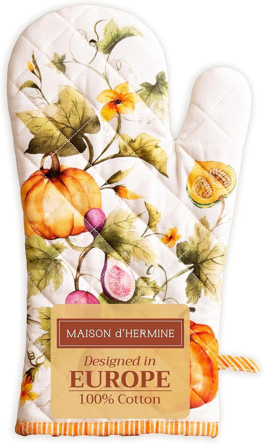 Maison d' Hermine Oven Gloves 100% Cotton Oven Mitt 7" x 13" with Loop Heat Resistant Cooking Gloves for Thanksgiving Christmas Decorations Handling Hot Pans (Pack of 1, Pumpkin Garden - Cloudy Cream)