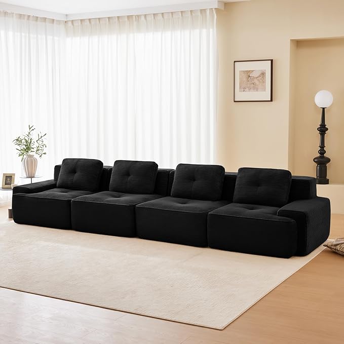 150" Modern Compressed Boneless Couch, 4 Seater Sectional Couches for Living Room, Black Corduroy Cloud Modular Sectional Sofa, Comfy Memory Foam, Extra Deep, Sofas para Sala, No Assembly