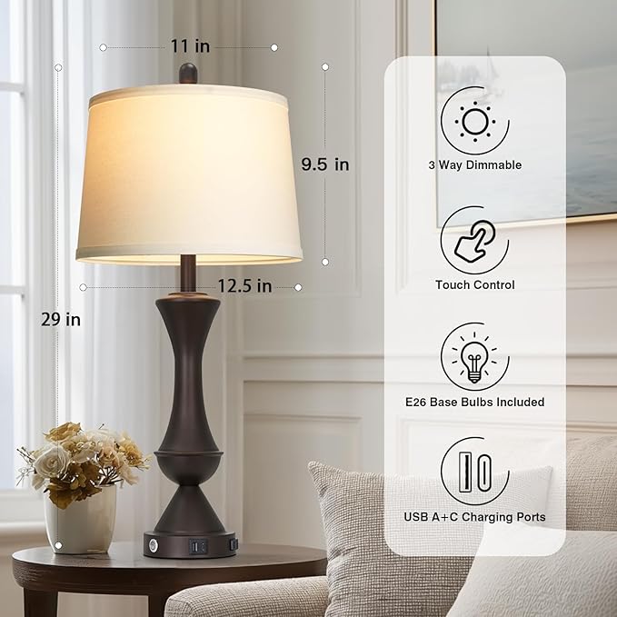 29" BrownTall Table Lamps for Living Room, Touch Control Bedroom Lamp with USB A+C Ports, 3-Way Dimmable Bedside Table Lamps Set of 2, Modern Metal Lamp for Nightstand