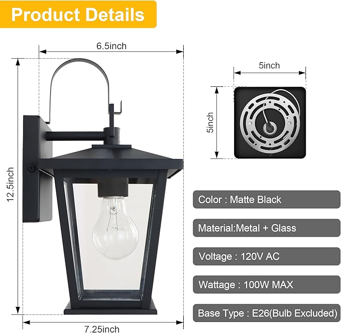 Kalium Outdoor Light Fixtures Wall Mount, Waterproof Exterior Wall Lanterns with Glass, Matte Black, Outside Wall Sconces, Front Porch Lighting for House Garage Doorway Patio 12.5 in