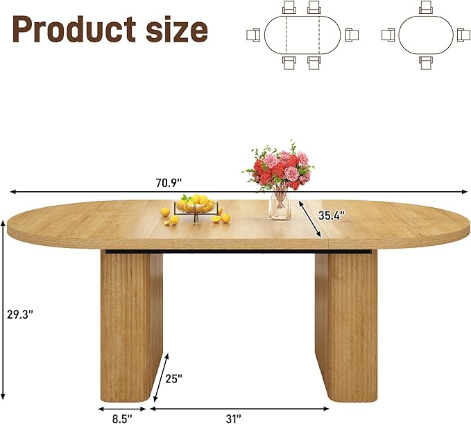 70.8 in Dining Table for 4 5 6 | Modern Natural Rectangular Kitchen Table W/Waterproof Wood Tabletop,Farmhouse Long Dining Room Tables W/Foot Pads&Wood Strip Base for Kitchen Living Room